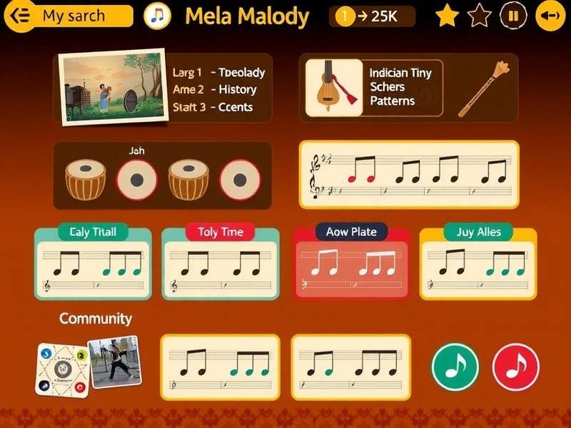 Mela Melody Mastery Gameplay Interface Mela Melody Mastery gameplay interface showing Indian musical instruments and rhythm patterns