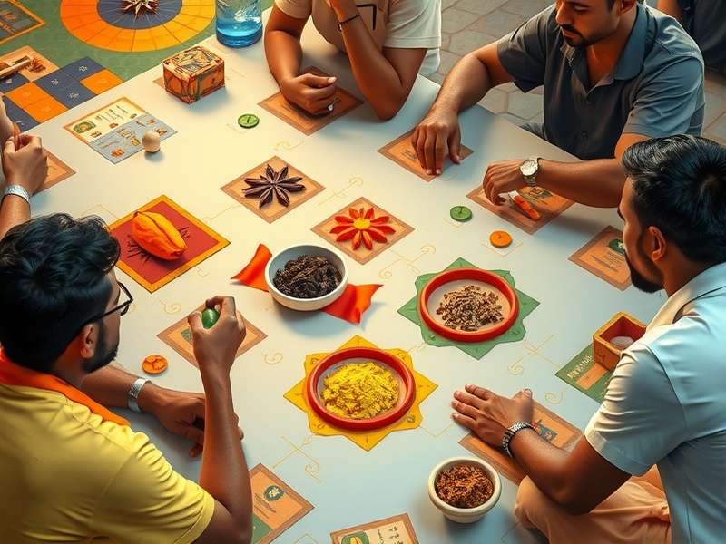 Kerala Spice Voyage Game Components Kerala Spice Voyage board game setup showing spices and game pieces