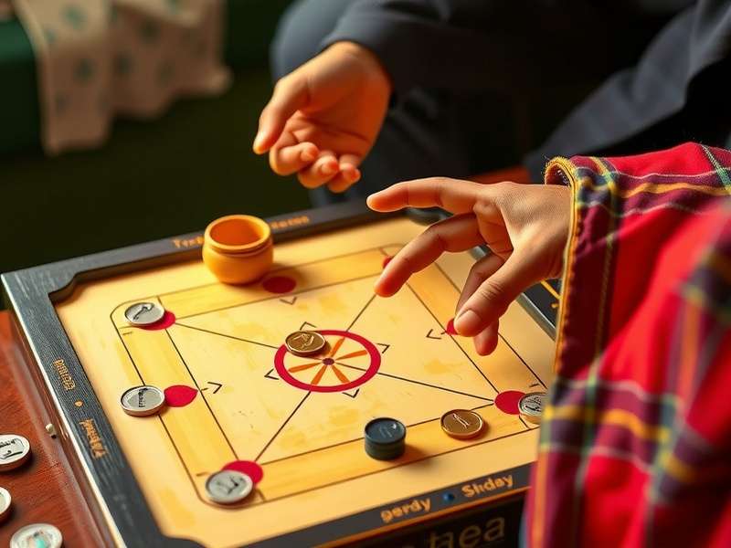 Traditional Carrom Board with coins arranged in center Traditional Carrom Board Setup