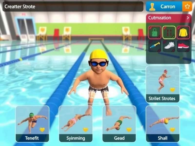 Swimming Sensations India Game Interface Swimming Sensations India gameplay interface showing character selection and pool environment