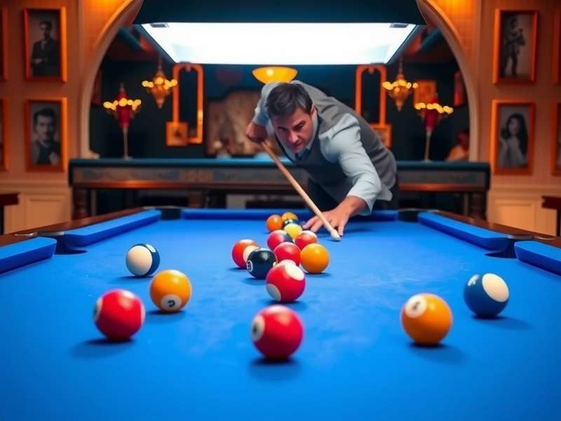 Professional Pool Star Table Setup Pool Star game table setup with balls and cues