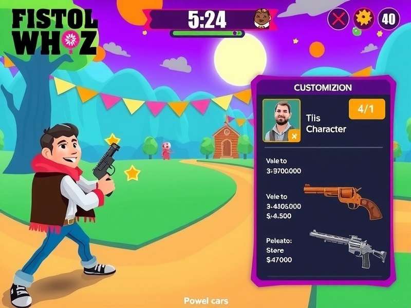 Fiesta Pistol Whiz gameplay screenshot showing vibrant environments and character design