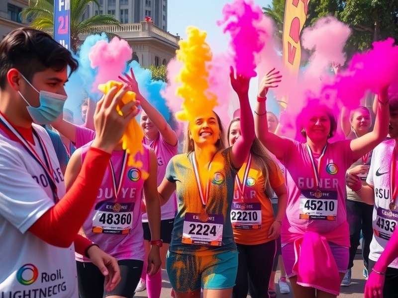 Happy finishers at Holi Lightning Run celebration Finishers celebrating at Holi Lightning Run with medals