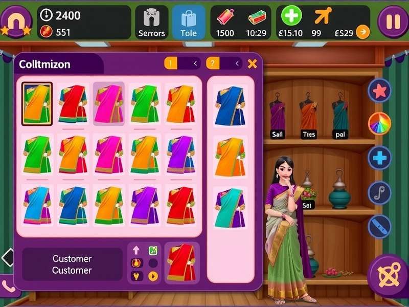 Vibrant Sari Collection in Sari Store Surge Sari Store Surge gameplay screenshot showing colorful sari collection