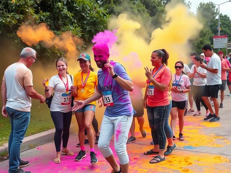 Colorful participants at Holi Lightning Run Holi Lightning Run participants covered in colorful powders