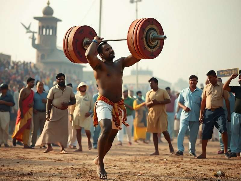 Traditional Indian Strongman Competition Historical depiction of traditional Indian strongman competition