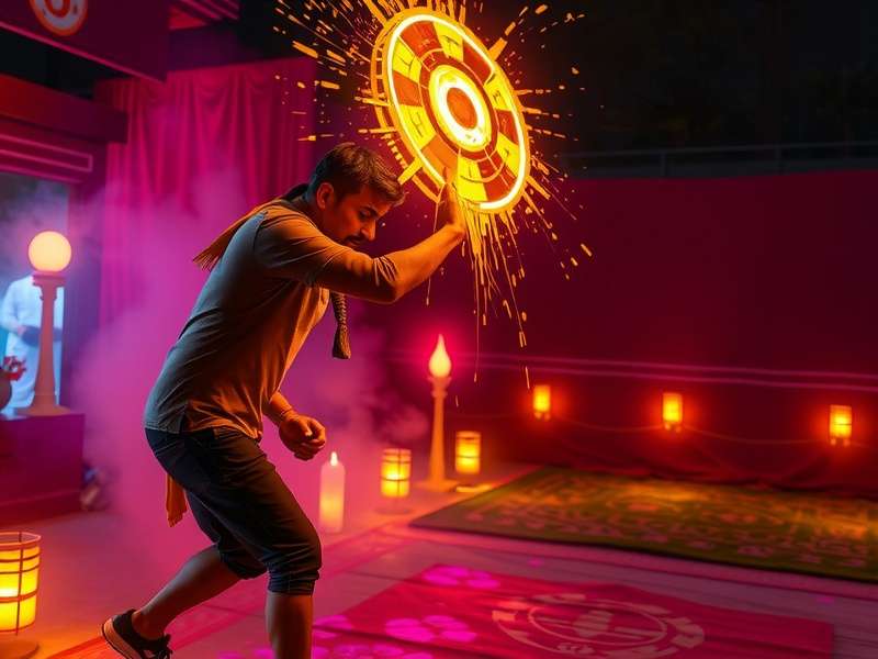 Character Festival Interaction Character interacting with festival elements in Holi Glow Gallivant